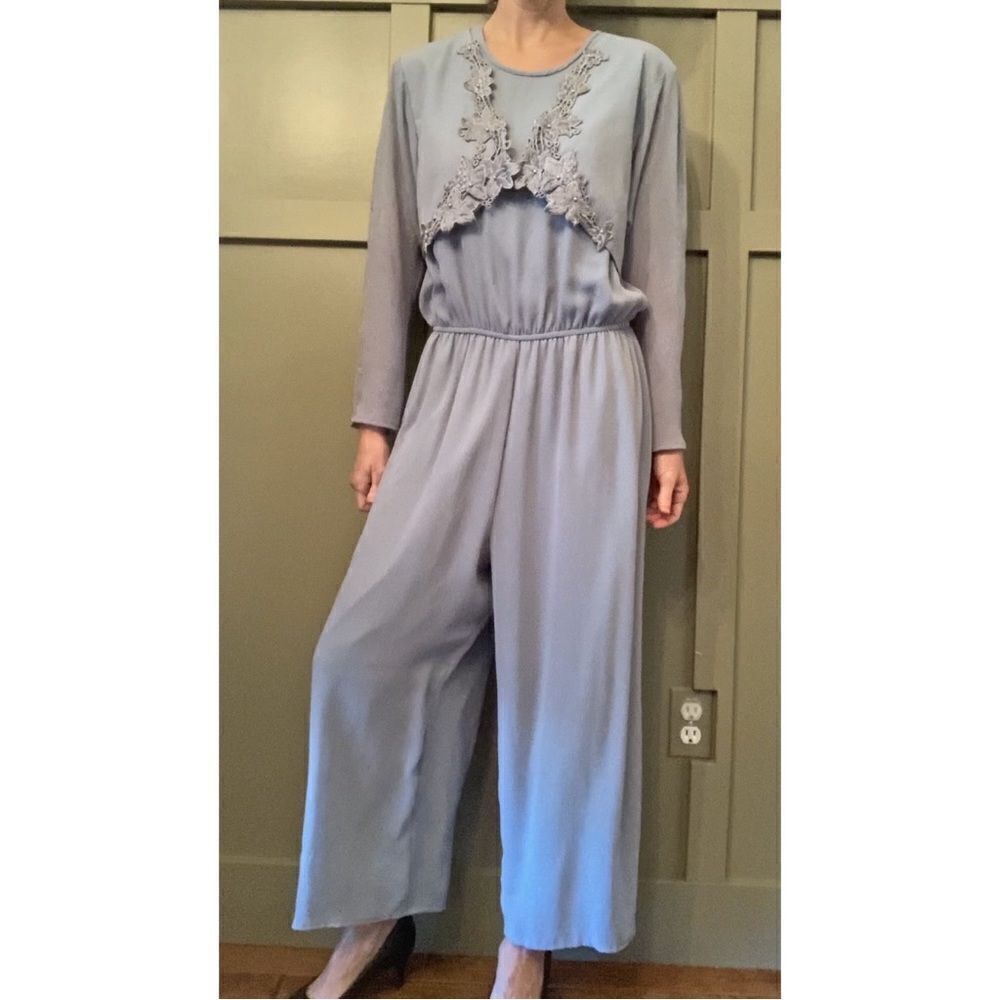 SPENCER Alexis Vintage Chiffon Embroidered Beaded Jumpsuit Made in USA